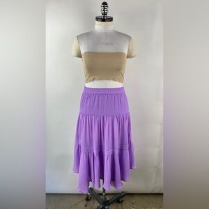 💚 3497. Lavender Tiered Elastic Waist Midi Skirt